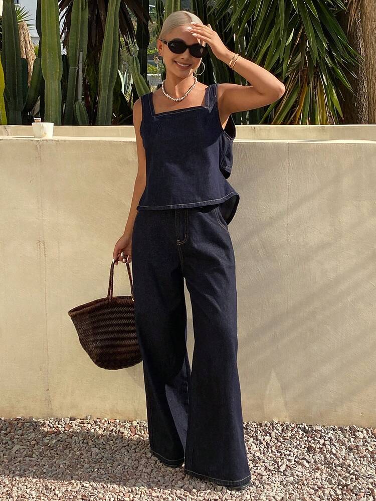 Spring & Summer Fashion Ruffled Splice Backless Tie-Up Vintage Washed Blue Sleeveless Top And Straight Leg Casual Pants Set, Loose Fit Business Casual Vacation Elegant Commute Outfit For Women