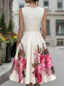 Balvessa 法式复古印花收腰A字中长连衣裙，无袖显瘦优雅连衣裙 - 彩色 - 查看 2