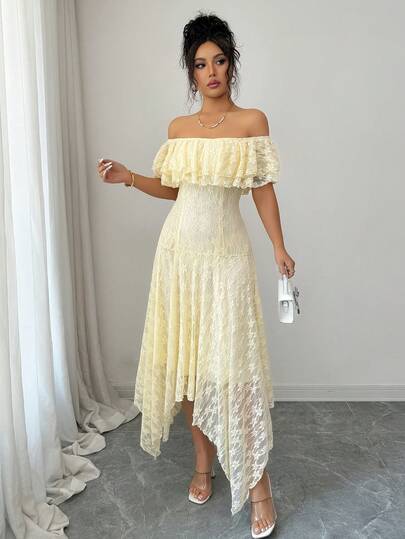 Elenzga 女士纯色单肩蕾丝荷叶边下摆优雅夏季连衣裙