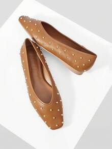 MOTF RIVET DETAIL SQUARE TOE FLATS - Brown - View 2