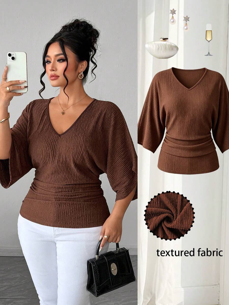 Elenzga Kaos Kasual Modis Gaya Retro Prancis untuk Liburan, Elegan, Cocok untuk Perjalanan, Leher V, Lengan Raglan, Pinggang Terikat, Bahan Bertekstur - Coklat - View 1