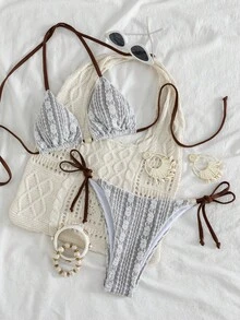 SHEIN Swim Vcay Bộ bikini 2 mảnh sang trọng, thanh lịch màu trắng ren móc và nâu caramel/nâu dành cho nữ, áo bơi cổ yếm đính hạt gỗ, quần bơi thong cạp cao gợi cảm cho kỳ nghỉ hè ở bãi biển, hồ bơi, phong cách retro Y2K Spice Hot Girl, lễ hội âm nhạc, tiệc brunch ven biển nhiệt đới, kỳ nghỉ trên đảo ven biển & phong cách hiện đại. - màu nâu - Xem 4