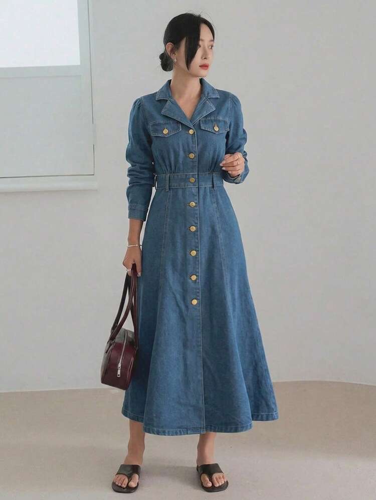 Women's Casual Commuter Front Button Denim Dress Sun Dresses For Women