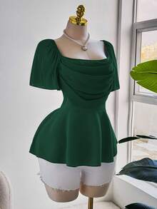 Sweetra Áo sơ mi nữ cỡ lớn thanh lịch, lãng mạn bằng vải chiffon, tay bồng, cổ bồng, gấu áo bồng, thích hợp cho tiệc tùng, năm mới, màu đỏ tía, mùa xuân/thu/đông. - Màu xanh lá cây đậm - Xem 2