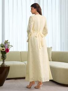 SHEIN Najma Đầm dài tay màu hồng cổ chữ V thêu hoa thanh lịch dành cho nữ - Vàng nhạt - Xem 8