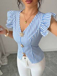 SHEIN Franclia 女士金属太阳装饰条纹荷叶袖衬衫 - 藍白色 - 查看 5