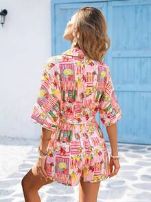 Vivid Eden Bộ jumpsuit nữ cài cúc phía trước, in họa tiết toàn thân, thắt nơ phía trước, kiểu dáng thường ngày, thích hợp cho kỳ nghỉ, váy maxi đi nghỉ mát, trang phục đi biển, quần áo đi nghỉ mát vùng nhiệt đới cho nữ, trang phục mùa hè cho nữ, mặc hàng ngày, thường ngày. - Hồng - Xem 2