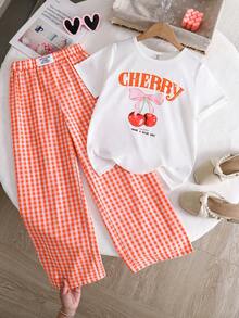 SHEIN Tween Girl Casual Cherry Letter Print T-Shirt And Plaid Pants Set - Orange - View 3