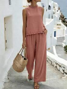 SHEIN LUNE Women's Dusty Rose Pleated Collar Top And Wide Leg Pants, Summer Casual 2 Pieces Set, Holiday Vacation Matching Sets, Country Style Blouse Coords - Brown - View 3