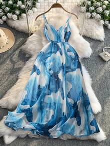 Rometta Plus Size Women Ink Tie Dye Print Strapless Midi Dress, French Style Waist Cinched A-Line Beach Dress, Summer - Blue - View 3