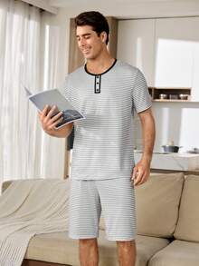 CoupledUp Striped Print Short Sleeve & Shorts Pajama Set With Fake Placket For Men - Multicolor - View 5