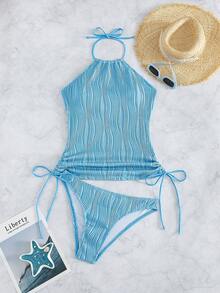 Swim Lushoire 女士纯色纹理面料吊带露背度假吊带背心/比基尼 - 淺藍色 - 查看 7