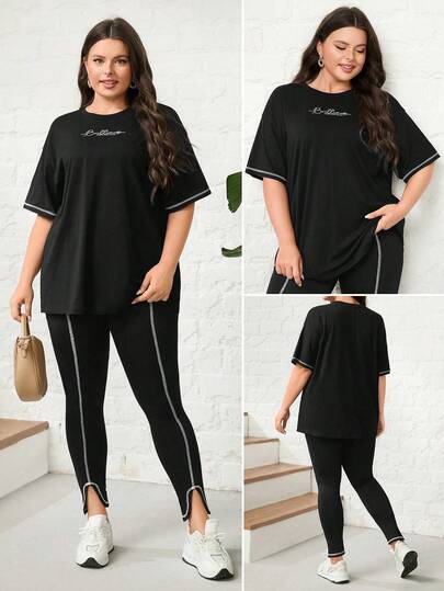 Mulvari 棉质字母图案撞色滚边落肩 T 恤和开衩裤 2 件套