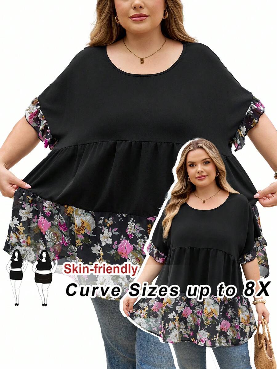 SHEIN CURVE+ 大码休闲撞色碎花衬衫，轻松假日风，适合乡村音乐节，女士波西米亚风，春季休闲碎花衬衫/2026/新年