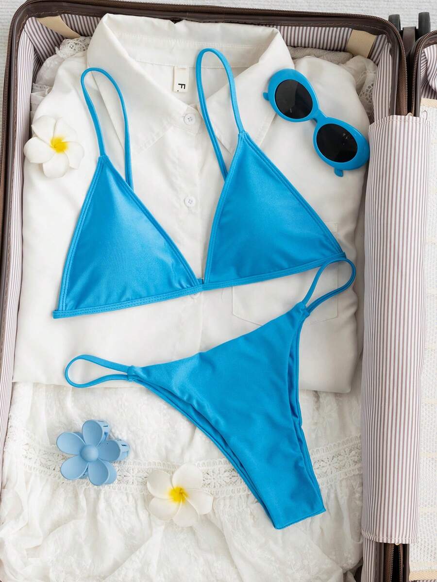 Swim Basics 女士夏季沙滩纯色吊带系带性感比基尼和三角泳裤套装 - 水鴨藍 - 查看 1
