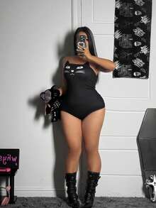 Flirla Plus Size Women Funny Cat Print Strapless Romper - Black and White - View 6