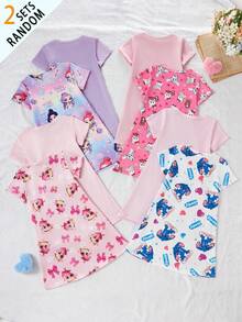 2pcs/Set Young Girl' Minimalist Cute Cartoon Sheep Print Short Sleeve Long Nightgown Pajama Set, Pink & Gray - Multicolor - View 2