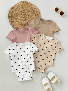 SHEIN 4pcs Newborn Baby Girl Cute Knitted Rabbit & Ditsy Floral Short Sleeve Bodysuit Set, Summer Graphic - Multicolor - View 3