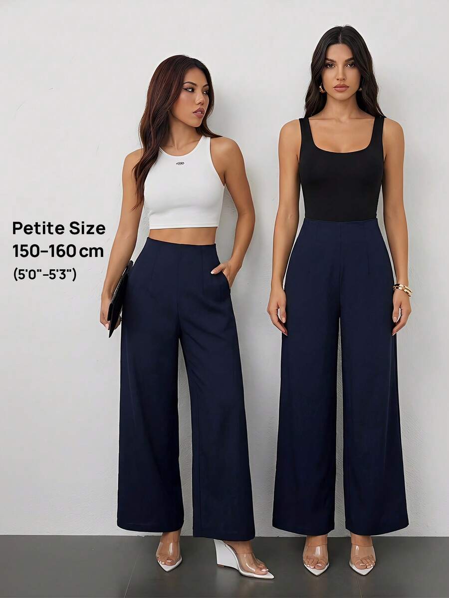 SHEIN PETITE Women's Simple Casual Fashion Back-To-School Season Old Money Commuting High-Waist Texture Wide-Leg Trousers,Business Casual Woman - Navy Blue - View 1