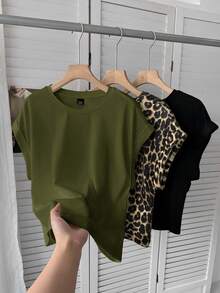 SHEIN LUNE 3件套女士休闲纯色及豹纹圆领上衣 - 墨綠色 - 查看 3