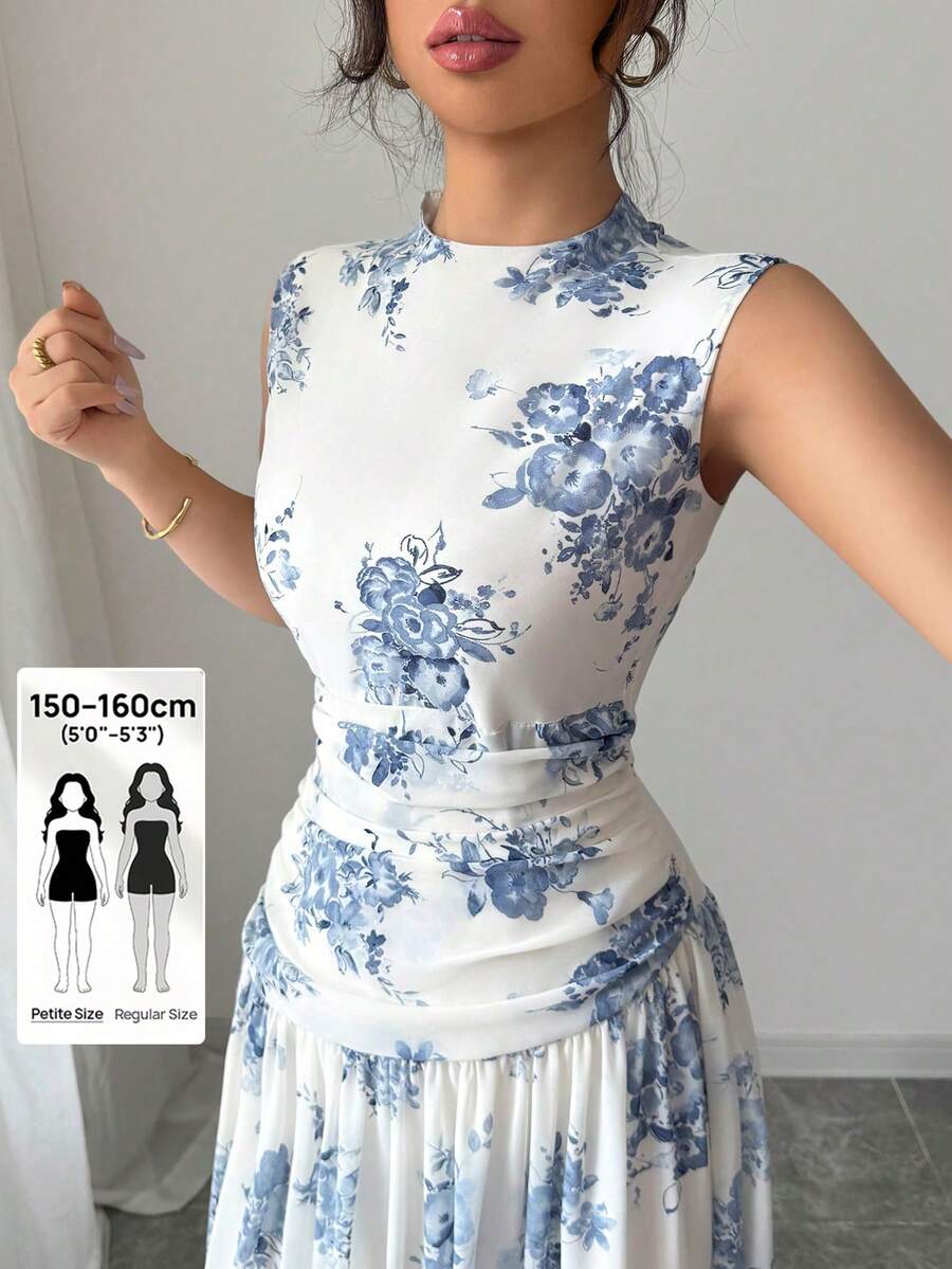 Modelyn Petite French Style High Neck Sleeveless Dress For Women,White Floral,Summer,Elegant,Garden Party Vacation Regular Size Zanea Formal Long Casual Dresses - Blue - View 1