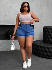 SHEIN SXY Women Plus Mini Shorts With Elastic - Blue - View 4
