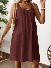 SHEIN Maternity Solid Color Pleated Casual Party Outing Camisole Dress - Coffee Brown - View 4