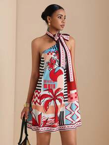 Vesra Women's Halter Neck Printed Short Dress - Red - View 3
