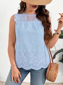 SHEIN Clasi Blusa sin mangas con encaje, parches y bordados, talla grande - Azul - Ver 5