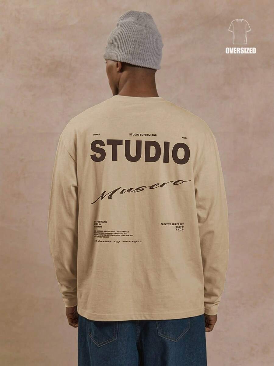 Long Sleeve Oversized Crew Neck "MUSERO STUDIO" Graphic Slogan Print Tshirt Essentials Spring&Summer - Khaki - View 1