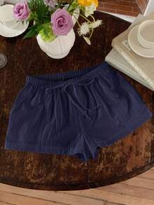 Comfortcana Pantalones cortos de mujer casuales y sueltos con cordón, pantalones cortos de lino de uso diario versátil en azul marino - Azul Marino - Ver 3