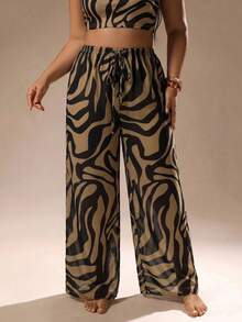 Auralis Plus Size Women Vacation Zebra Print Belted Wide Leg Jumpsuit Summer Beach Beach Outfit For Women Beach Outfits For Women Women's Elegant Beach Swimsuit - Black - View 5