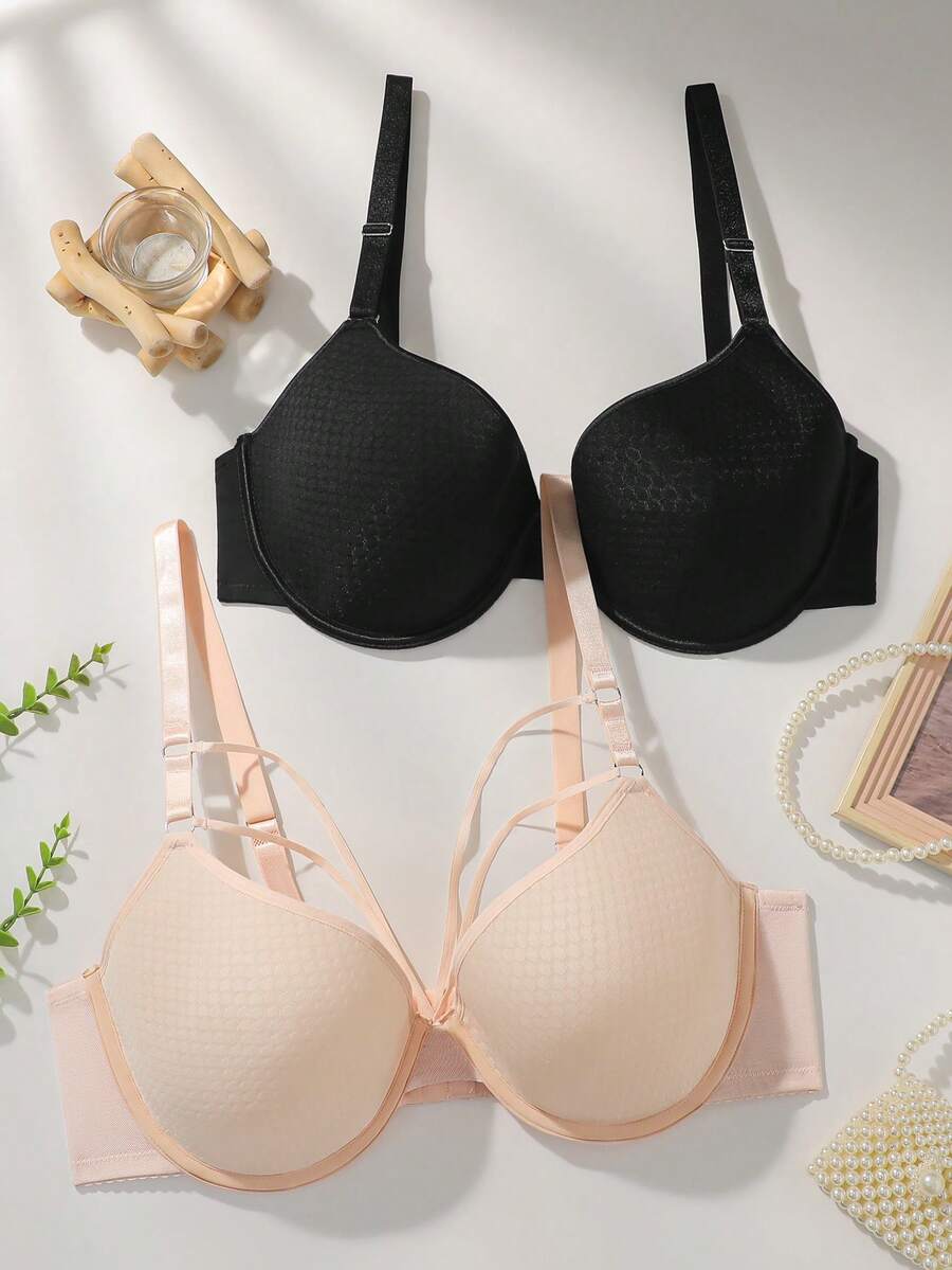Conjunto de 2 sutiãs plus size femininos de cor sólida com alças ajustáveis para uso casual no dia a dia. - Multicolorido - Ver 1