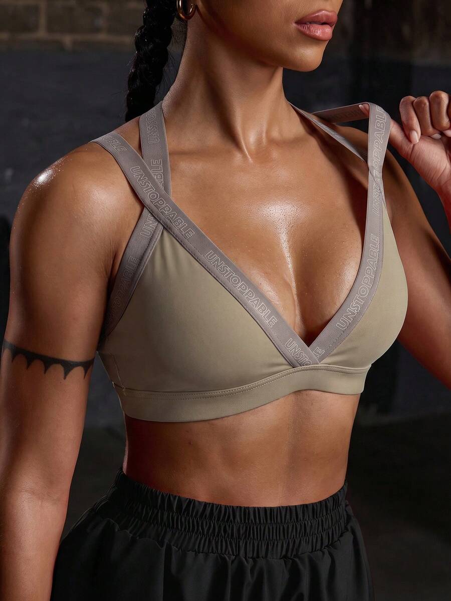 Powerista 女士撞色字母肩带露背运动文胸