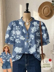 Rusticease 大码女式时尚优雅印花短袖衬衫 - 彩色 - 查看 1
