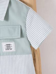 2 Stücke/Set Baby Jungen Sommer Lässig Koreanischer Stil süßer gestreifter Patchwork Kurzarm Hemd und Shorts mit elastischem Bund Set, geeignet für den Sommer - Minzgrün - Übersicht 3