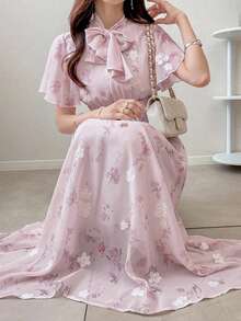 FRIFUL 女士春夏碎花抽绳蝴蝶结连衣裙，收腰修身百搭长裙，适合各种身材的女士连衣裙 - 粉色 - 查看 6