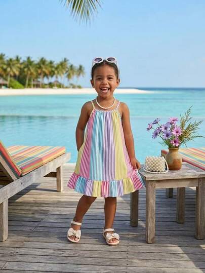 SHEIN Elladie kids 年轻女孩机织面料红色条纹数码印花下摆荷叶边吊带太阳裙，适合夏季日常穿着、郊游、度假、聚会