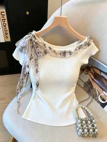 Áo thun nữ tay ngắn raglan kiểu dáng thường ngày, thích hợp mặc hàng ngày. - trắng - Xem 3