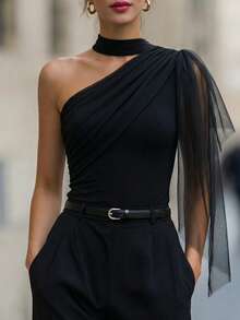 SHEIN Clasi Débardeur femme en mousseline de soie unicolore et ajouré, convient pour le travail, les sorties, les rendez-vous, minimaliste noir - Noir - Voir 1