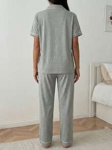 WovenCharm Women Binding Detail Short Sleeved & Long Bottom Homewear Pajama Set - Light Grey - View 2
