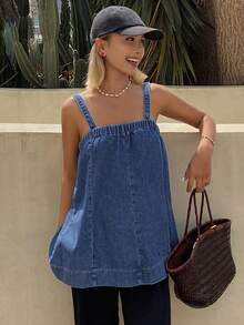 Livesso Women's Vintage Washed Loose Casual Street Denim Shirt, Sleeveless Tank Top, Suitable For Summer And Spring - Medium Wash - View 2