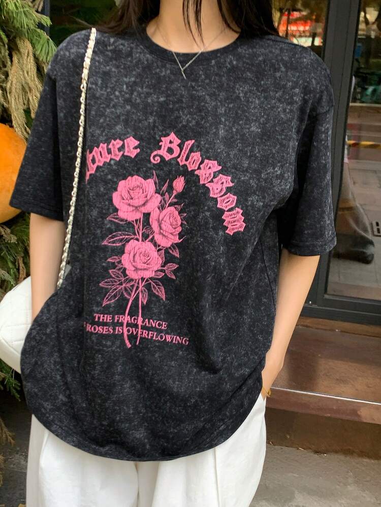 Women's Slogan & Floral Print Round Neck Short Sleeve Casual T-Shirt Oversized