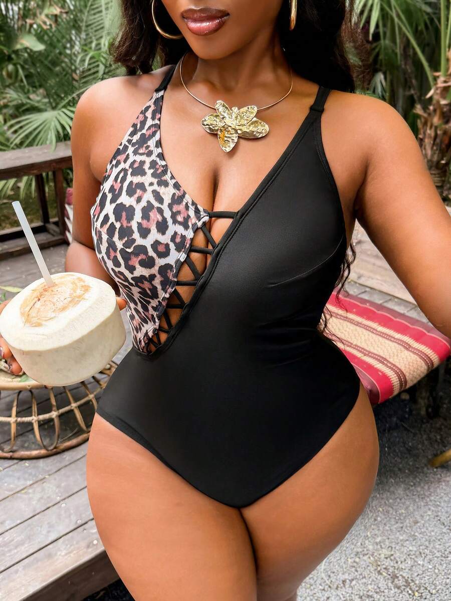 Swim SXY Maillot de bain une pièce 2026 Nouveau style d'été, patchwork léopard avec laçage, contrôle du ventre, grande taille, vêtements de plage - Noir - Voir 1