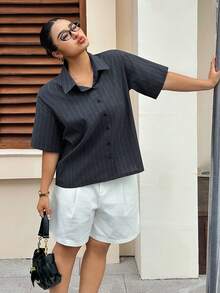 Dazy Plus Striped Loose Fit Short Sleeve Black Casual Shirt Summer - Navy Blue - View 6