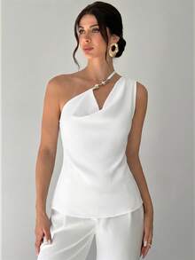 Firerie Solid Color Elegant Asymmetric Neckline Design Sleeveless Top White One Sided Top For Women,Summer Top - White - View 7