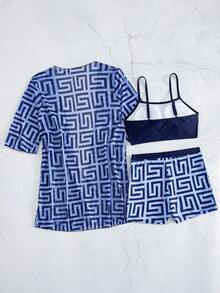 Swim Lushoire 3件套女士黑色露脐比基尼上衣、网纱和服罩衫及短裤沙滩套装 - 藍色 - 查看 4