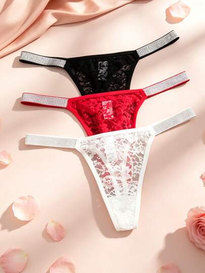 MidnightGlam 3 piezas Tangas de encaje sexy para mujer