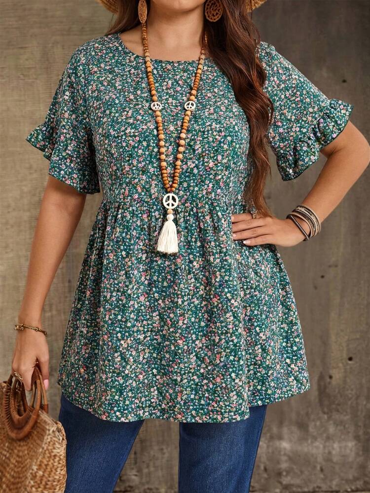 Plus Size Casual Allover Print Ruffle Sleeve Shirt