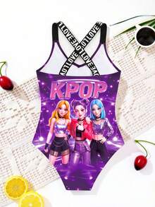 SHEIN 少女假日字母和韩流女孩印花连体泳衣 - 彩色 - 查看 2